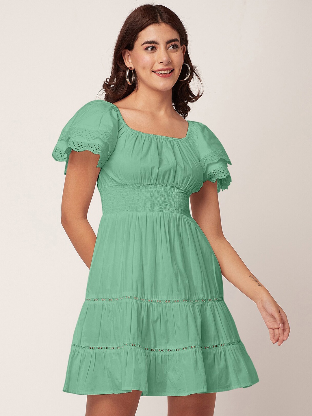 

Moomaya Self Design Smocked Cotton Fit & Flare Mini Dress, Green