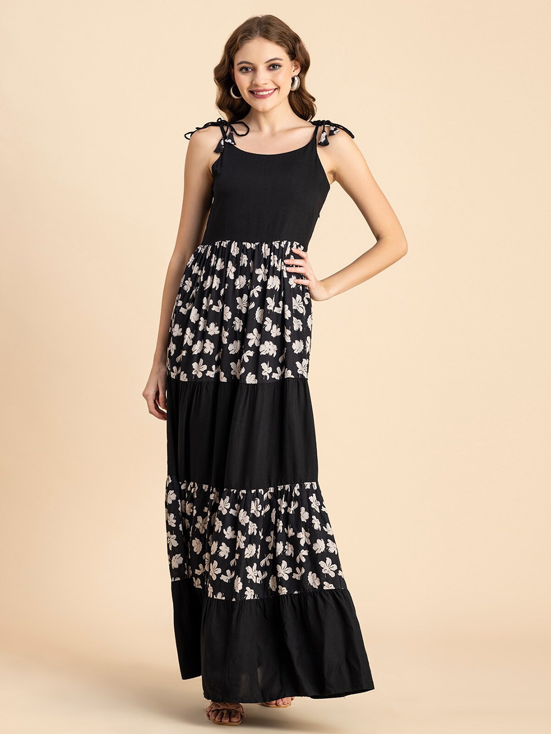 

Moomaya Floral Printed Tie-Up Neck Tiered Maxi Dress, Black