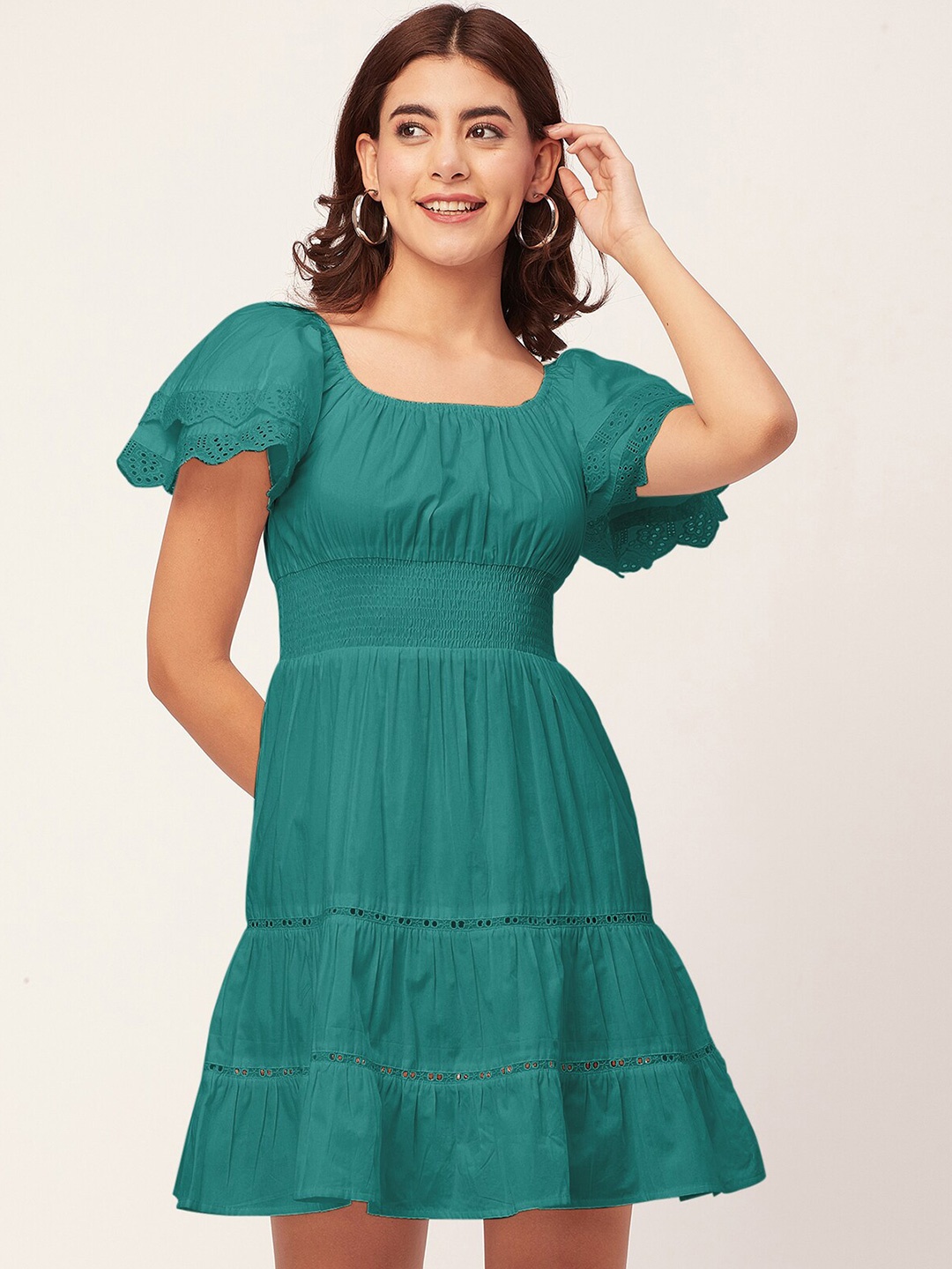 

Moomaya Self Design Smocked Cotton Fit & Flare Mini Dress, Teal