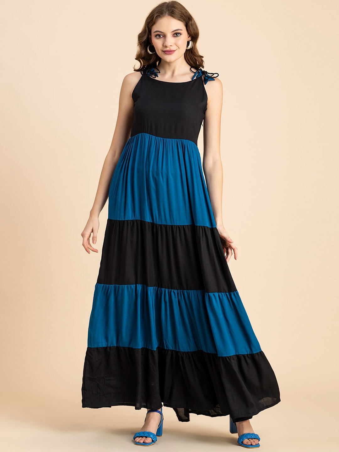 

Moomaya Colourblocked Tie-Up Neck Tiered Maxi Dress, Turquoise blue