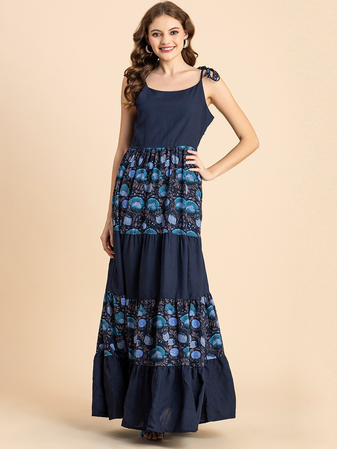 

Moomaya Floral Printed Tie-Up Neck Tiered Maxi Dress, Blue