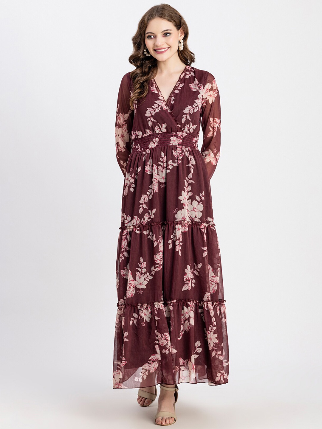 

Moomaya Floral Printed V-Neck Smocked Tiered Chiffon Maxi Dress, Burgundy