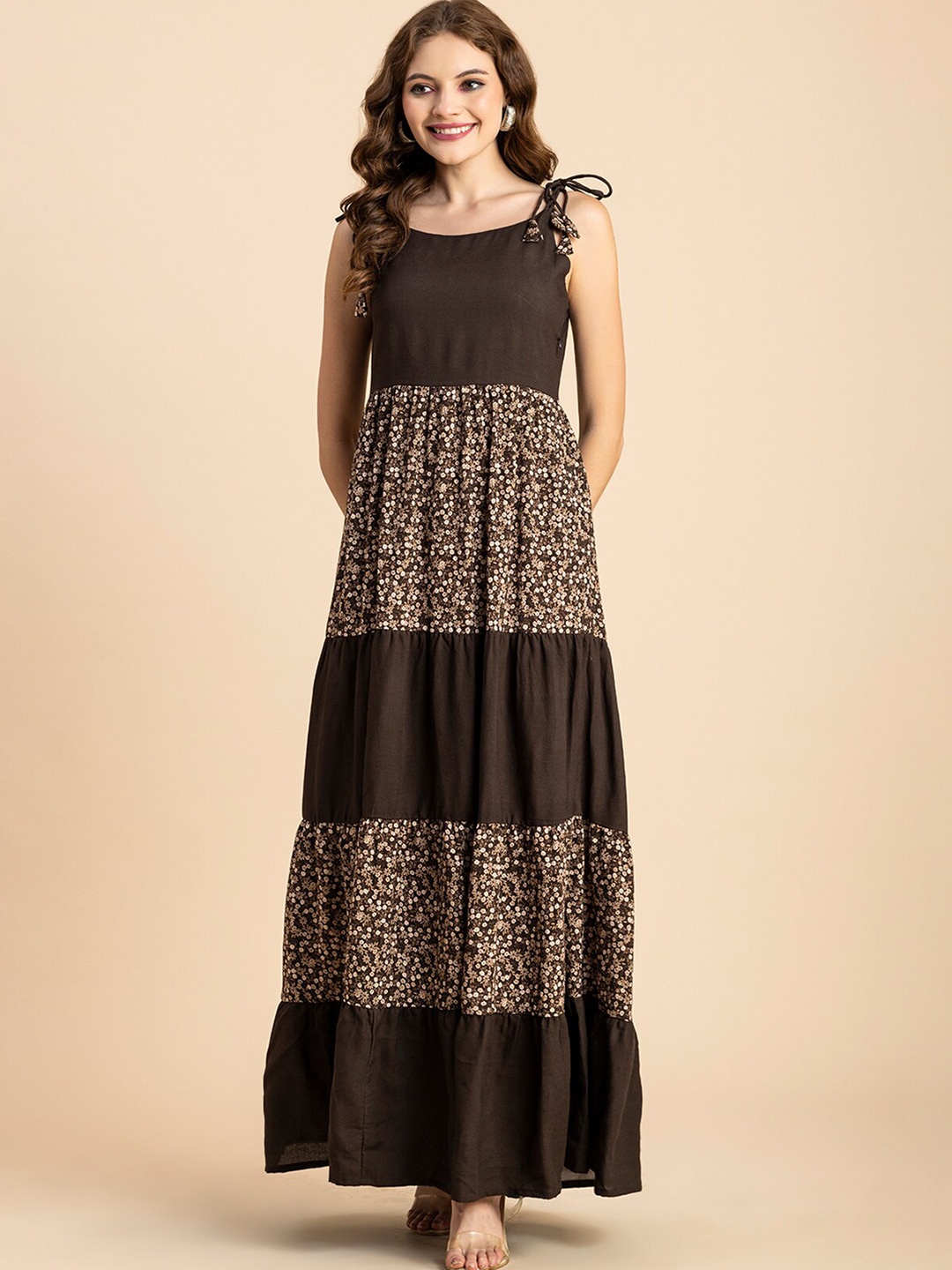 

Moomaya Floral Printed Tie-Up Neck Tiered Maxi Dress, Brown