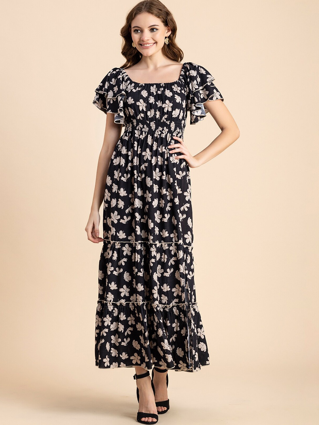 

Moomaya Floral Printed Square Neck Flutter Sleeve Maxi Dress, Black