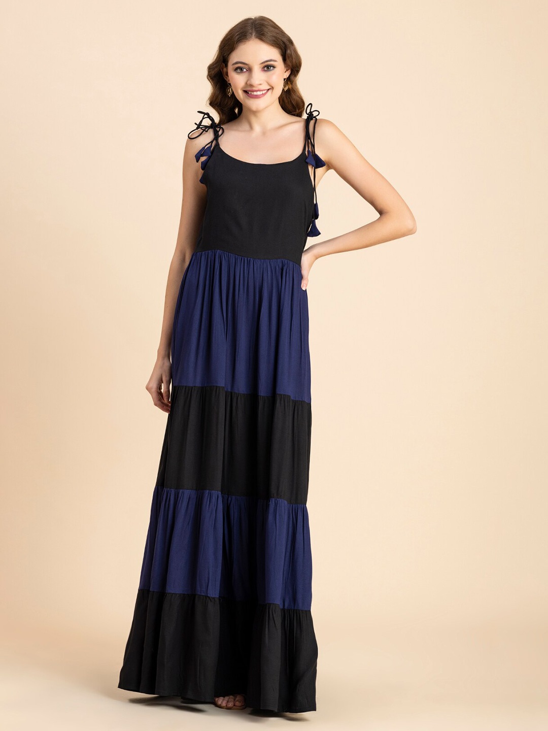 

Moomaya Colourblocked Tie-Up Neck Tiered Maxi Dress, Blue