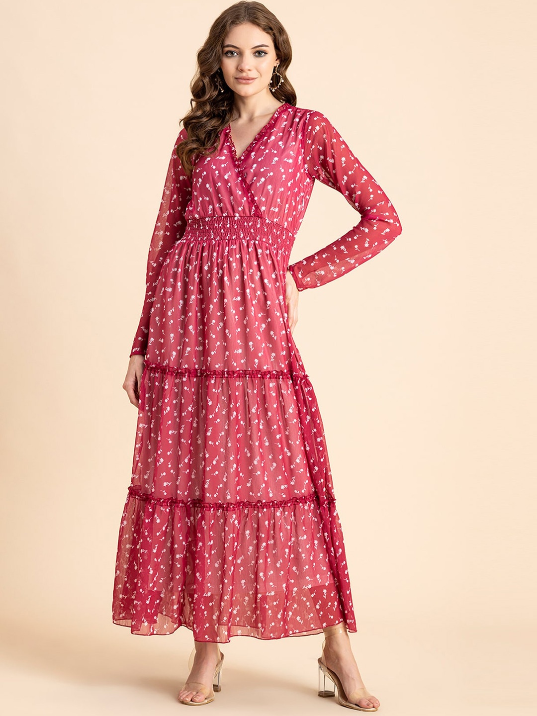 

Moomaya Floral Printed V-Neck Chiffon Maxi Dress, Pink