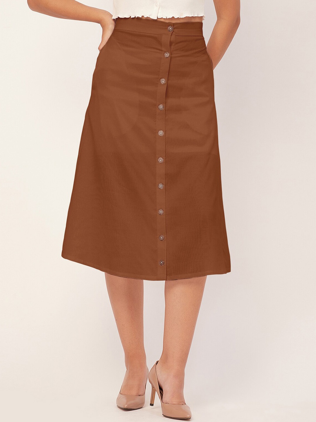 

Moomaya Front Buttoned A Line Midi Skirt, Rust