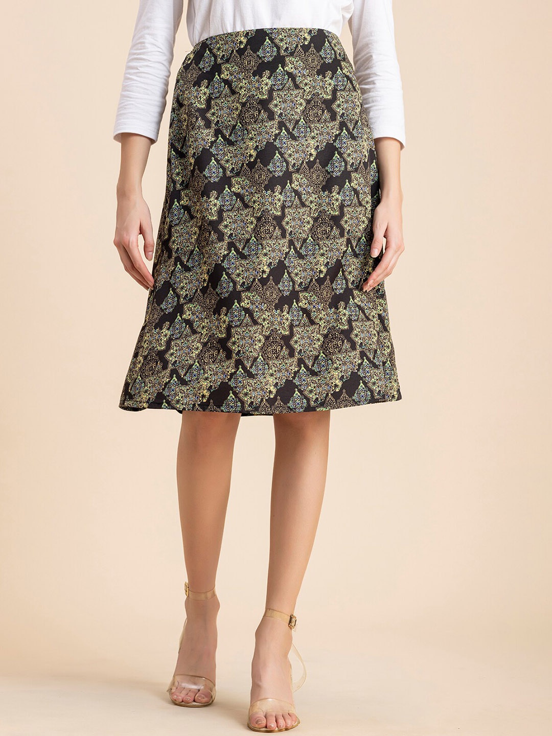 

Moomaya Ethnic Motifs Printed Knee-Length A-Line Skirt, Black