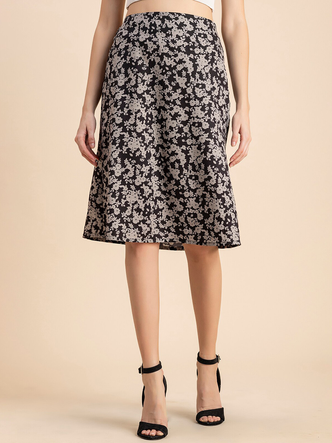 

Moomaya Women Floral Printed A-Line Midi Skirt, Black