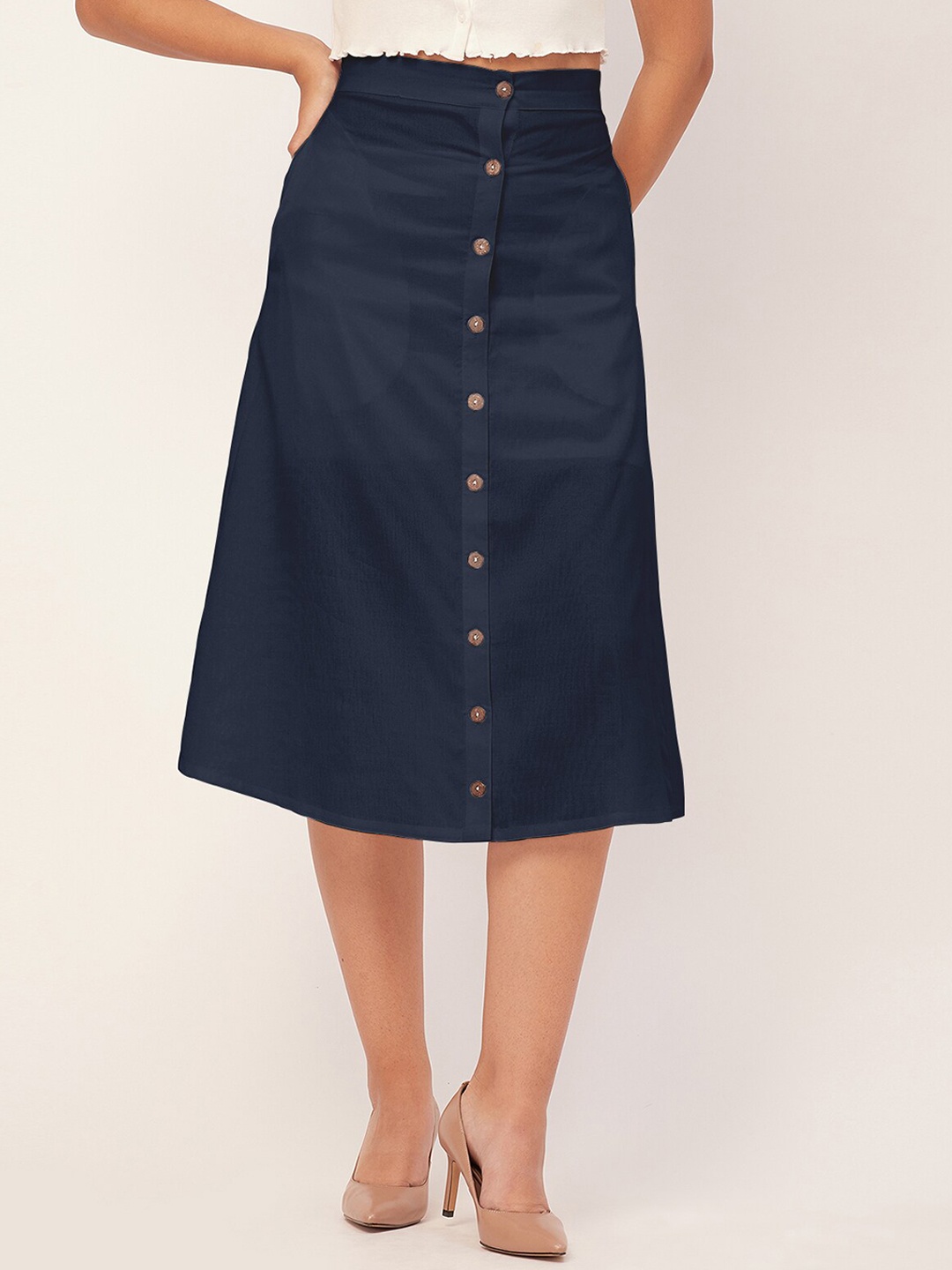 

Moomaya Front Buttoned A-Line Midi Skirt, Blue