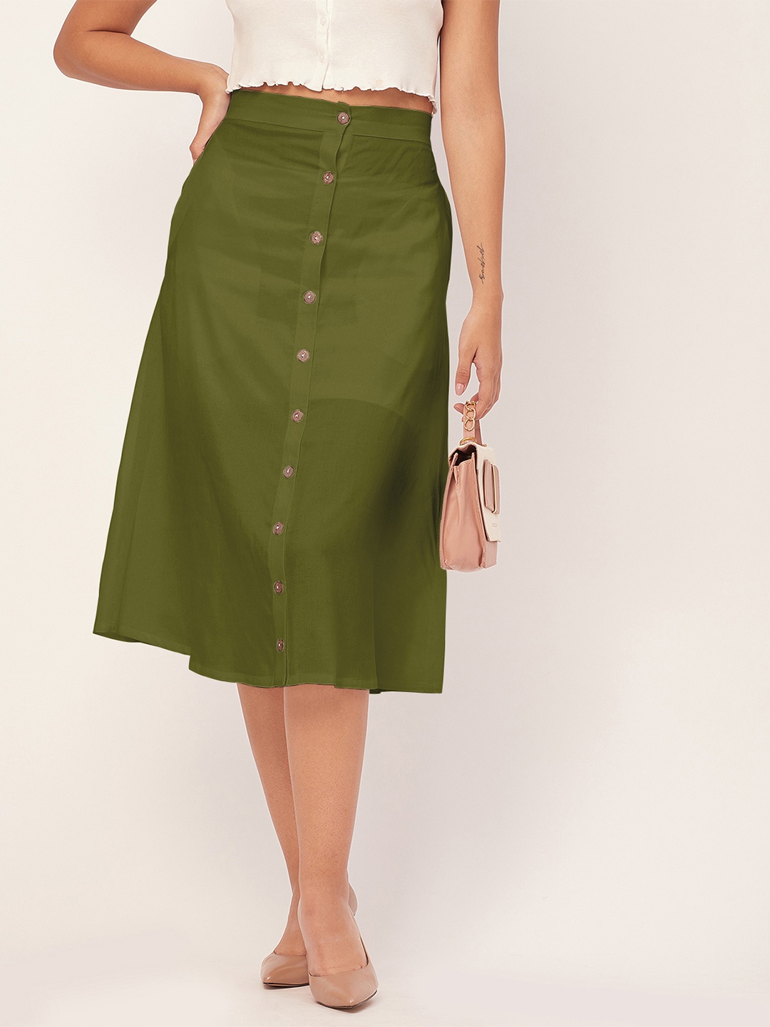 

Moomaya Front Buttoned A-Line Midi Skirt, Green