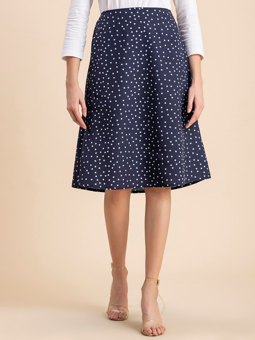 

Moomaya Polka Dot Printed Crepe A-Line Midi Length Skirt, Blue