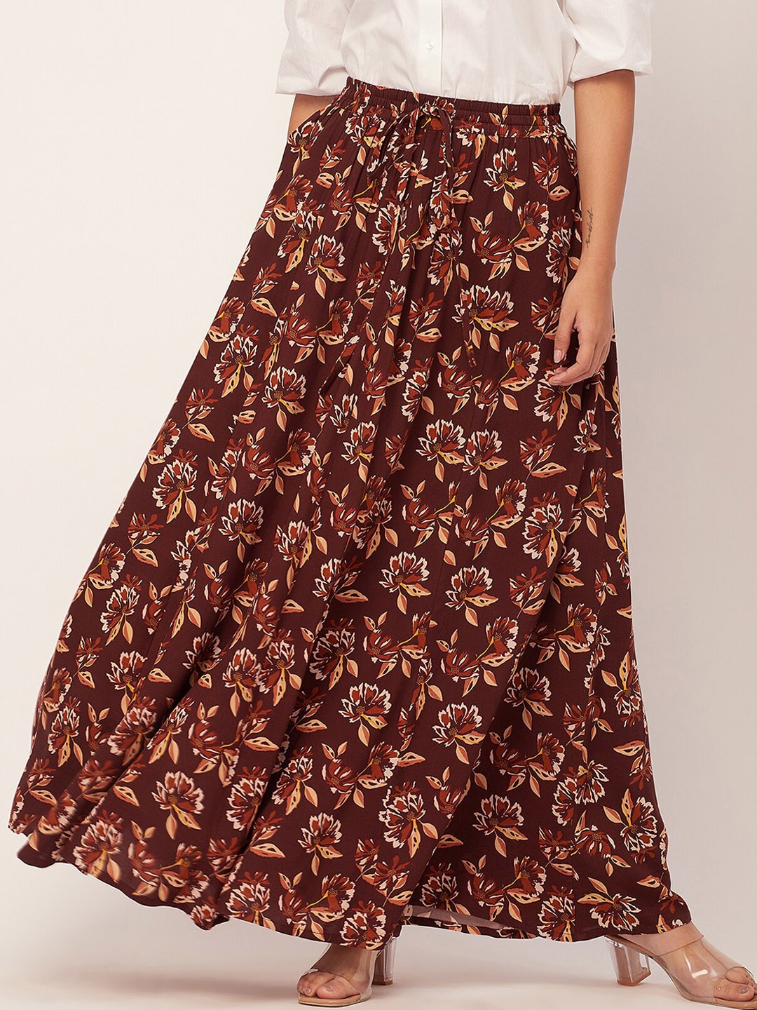 

Moomaya Floral Printed Flared Maxi Skirt, Brown