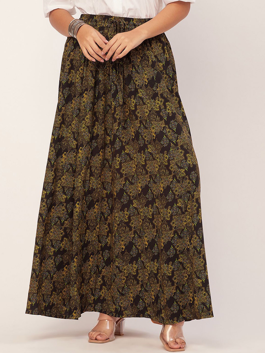 

Moomaya Floral Printed Maxi Flared Skirts, Black