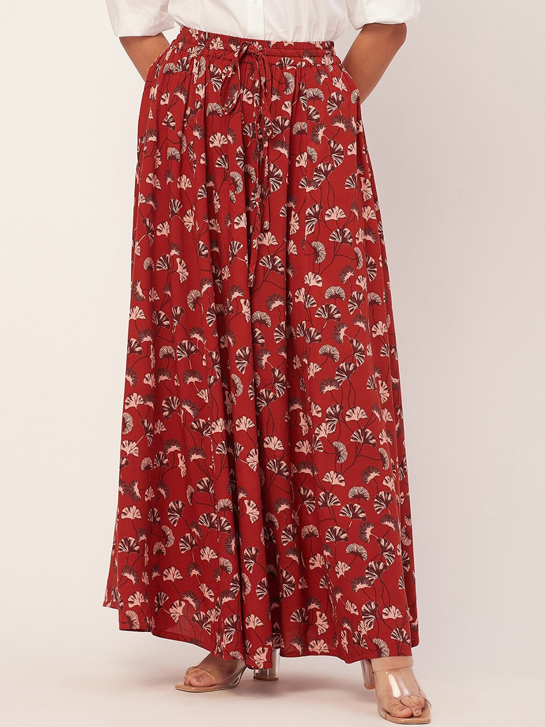 

Moomaya Floral Printed Flared Maxi Skirt, Red