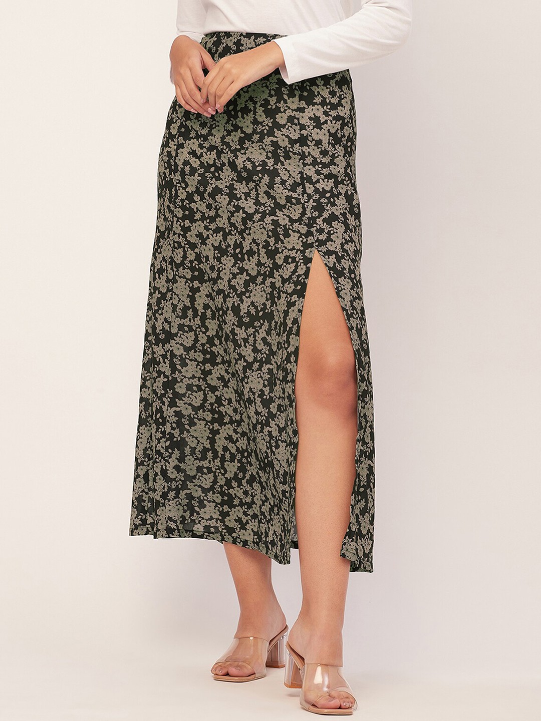 

Moomaya Floral Printed Slit A-Line Skirt, Black