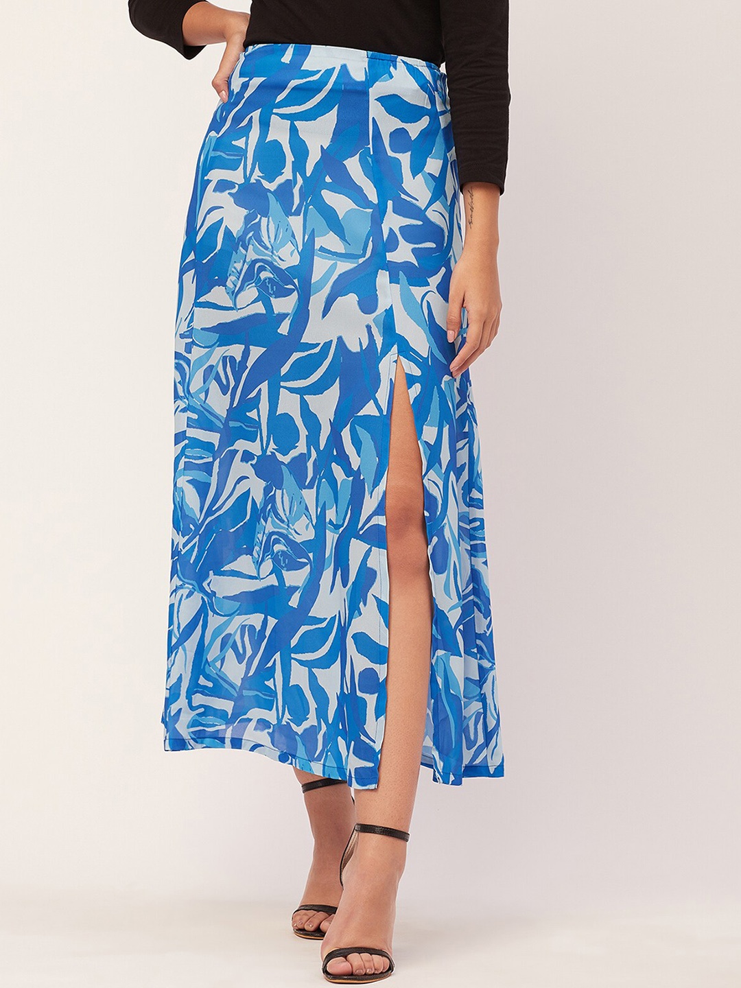 

Moomaya Abstract Printed Side Slit A Line Skirts, Blue