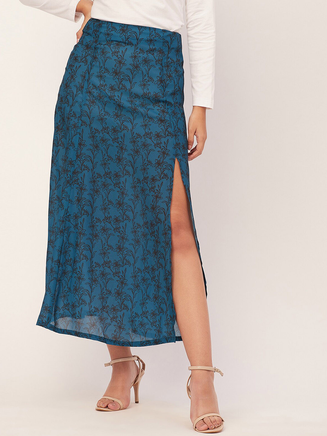 

Moomaya Floral Printed A-Line Skirt With Slit, Teal