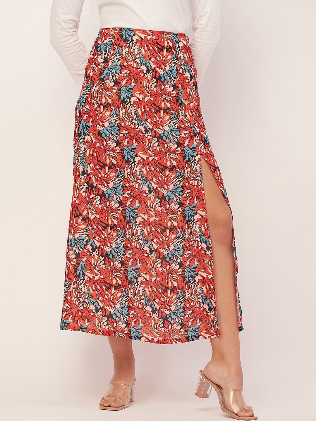 

Moomaya Floral Printed A-Line Midi Skirt With Slit, Red