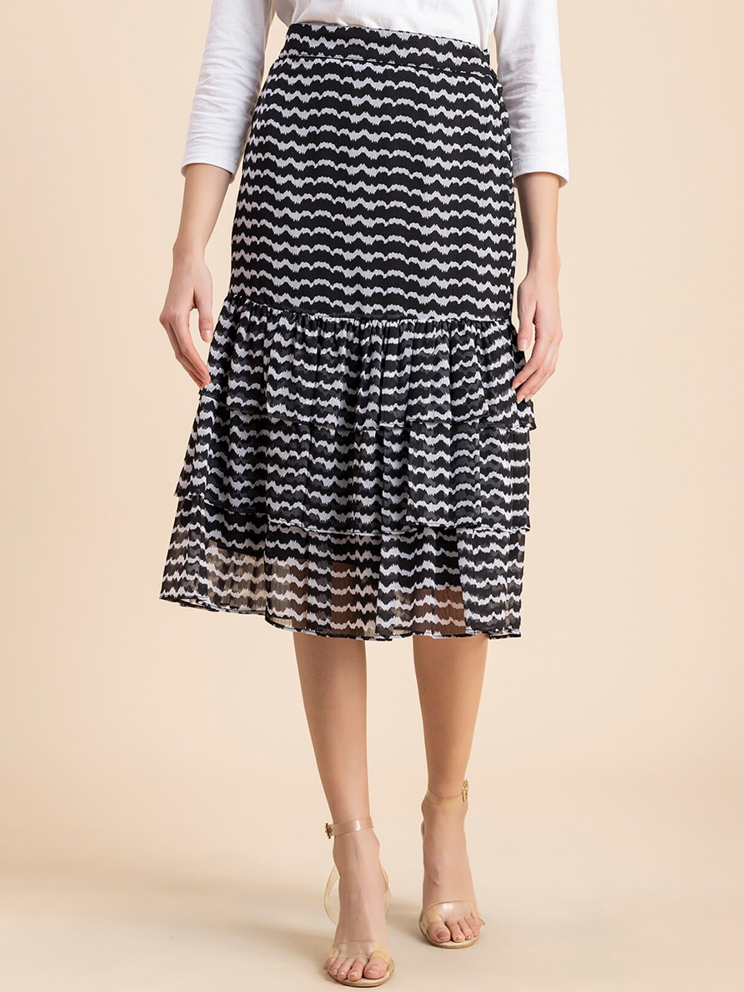 

Moomaya Printed Tiered Midi Skirt, Black