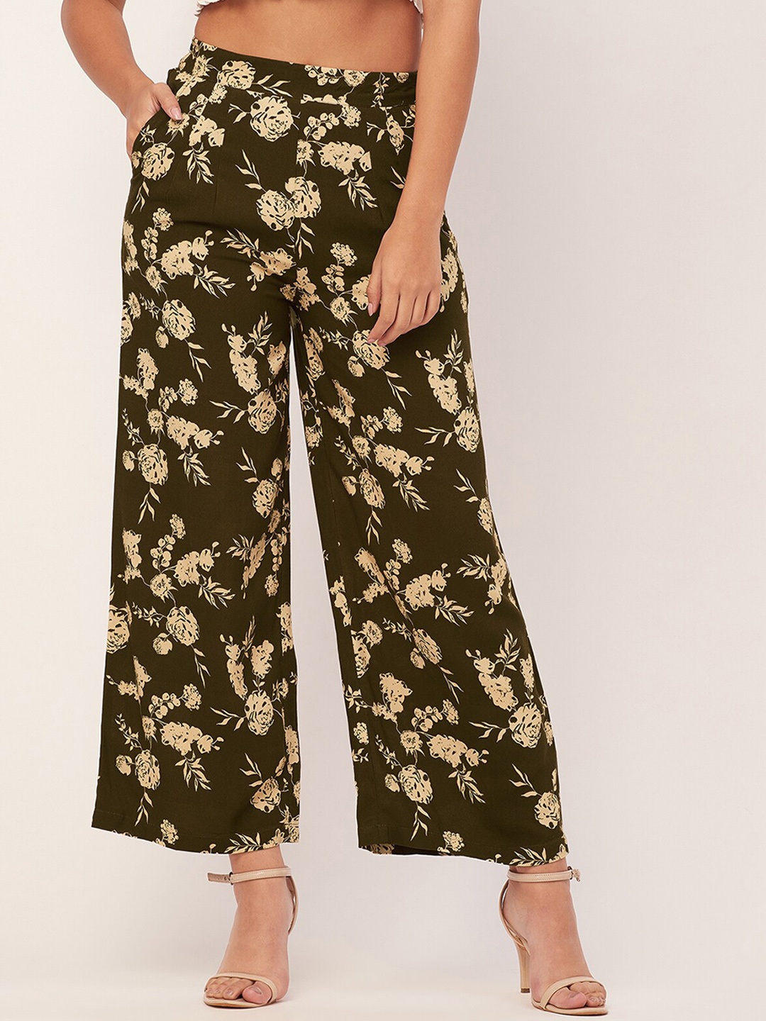 

Moomaya Floral Printed Flared Palazzos, Olive