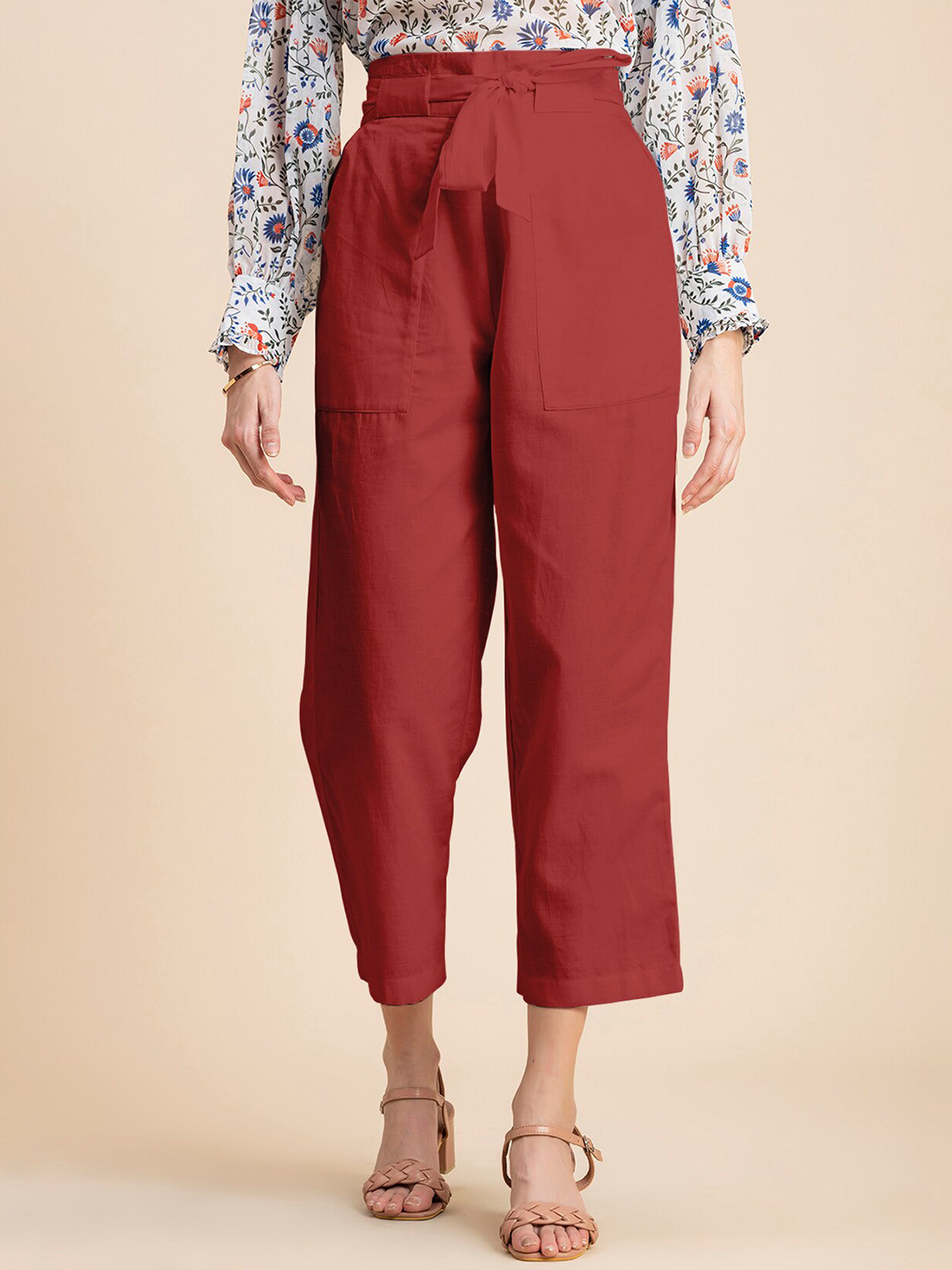 

Moomaya Women Straight Fit High-Rise Cotton Culottes, Red