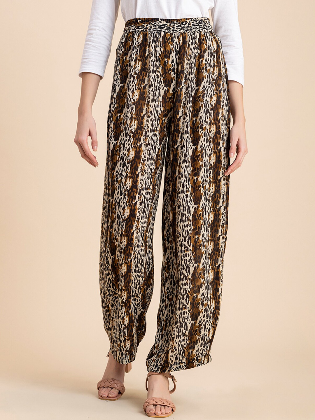 

Moomaya Women Animal Printed Loose Fit High-Rise Parallel Trousers, Beige