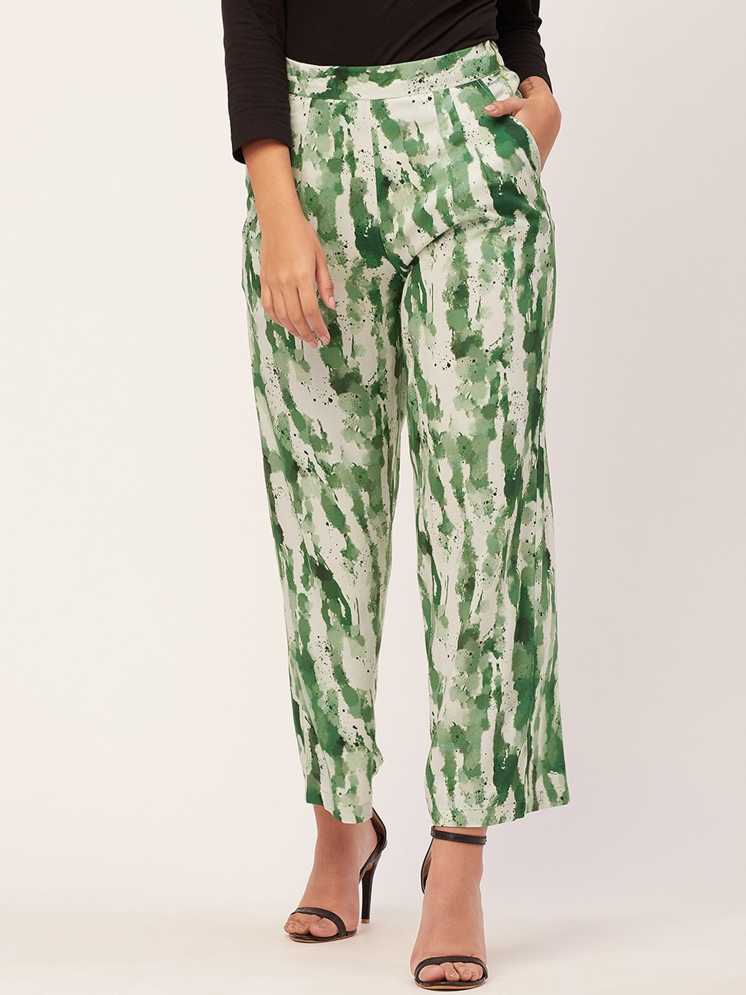 

Moomaya Women Abstract Printed Loose Fit Pleated Parallel Trousers, Green