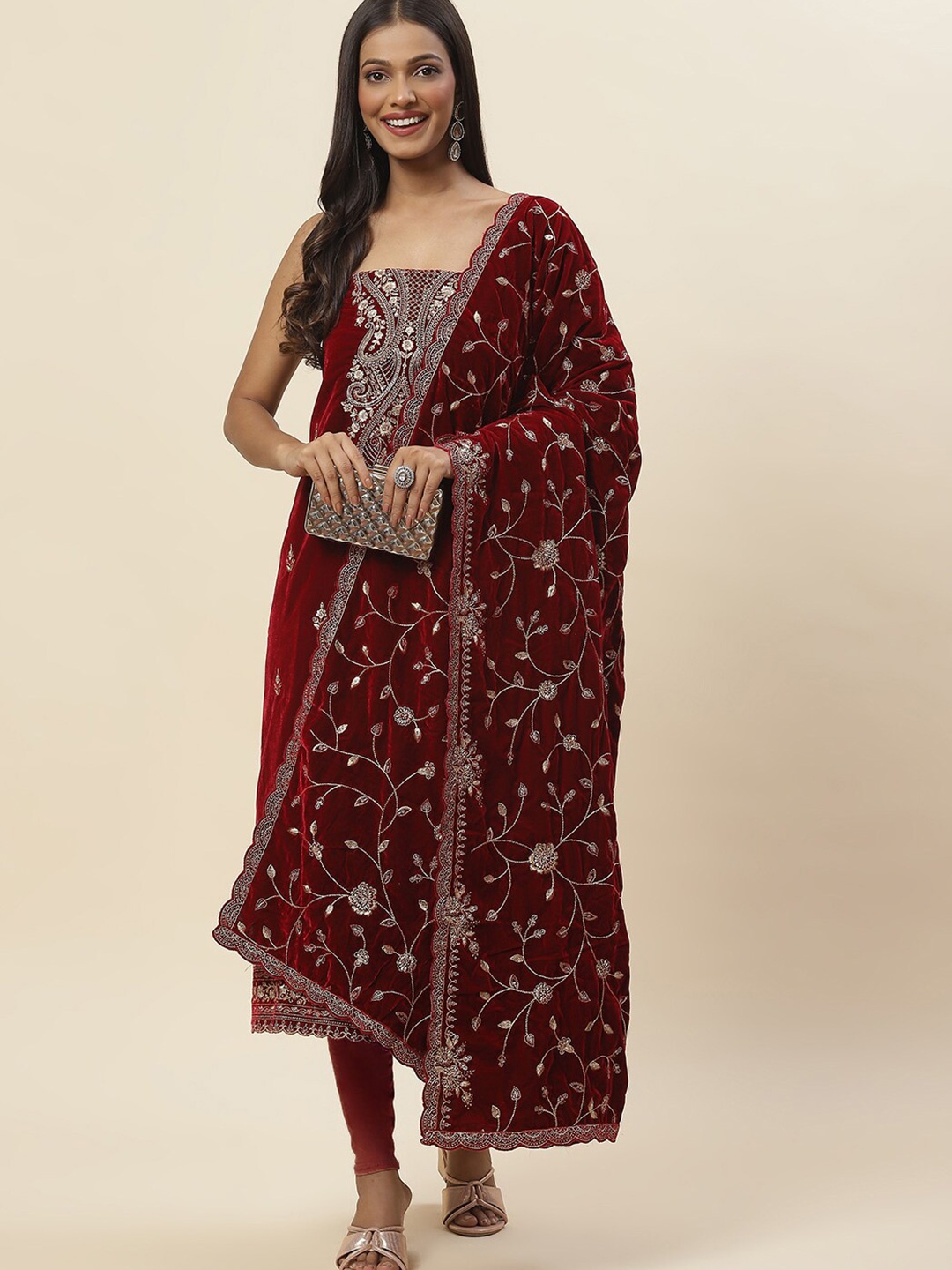 

Meena Bazaar Ethnic Motifs Embroidered Velvet Unstitched Dress Material, Maroon