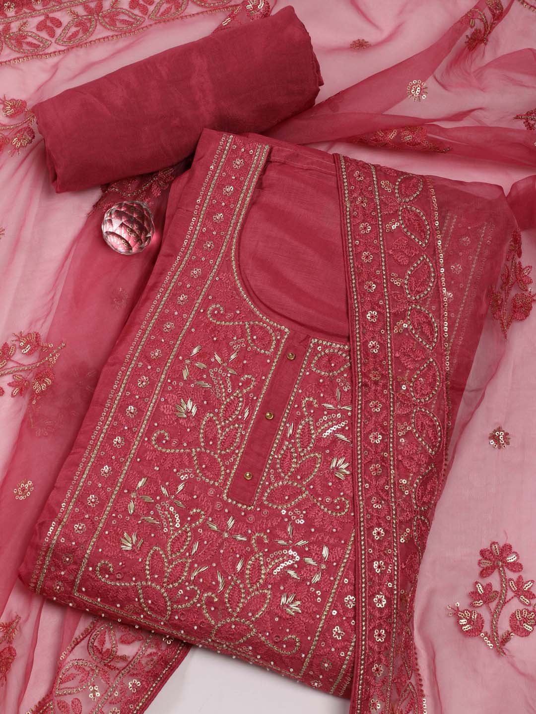 

Meena Bazaar Ethnic Motifs Embroidered Art Silk Unstitched Dress Material, Pink