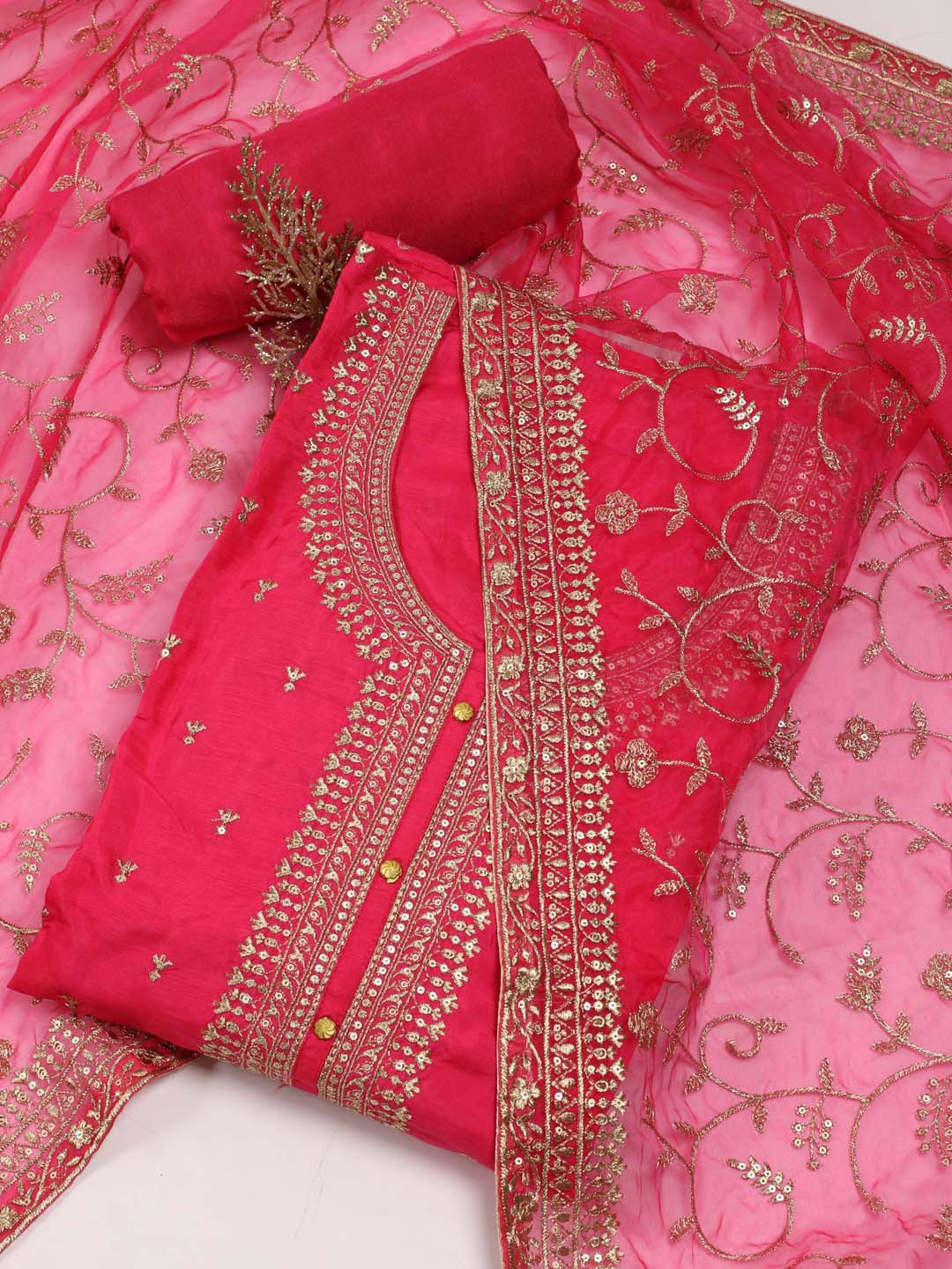 

Meena Bazaar Floral Embroidered Art Silk Unstitched Dress Material, Pink