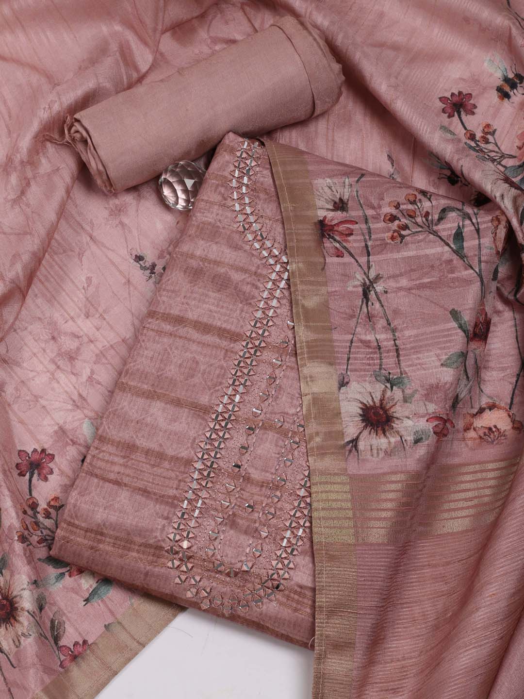 

Meena Bazaar Geometric Embroidered Mirror Work Tussar Silk Unstitched Dress Material, Mauve