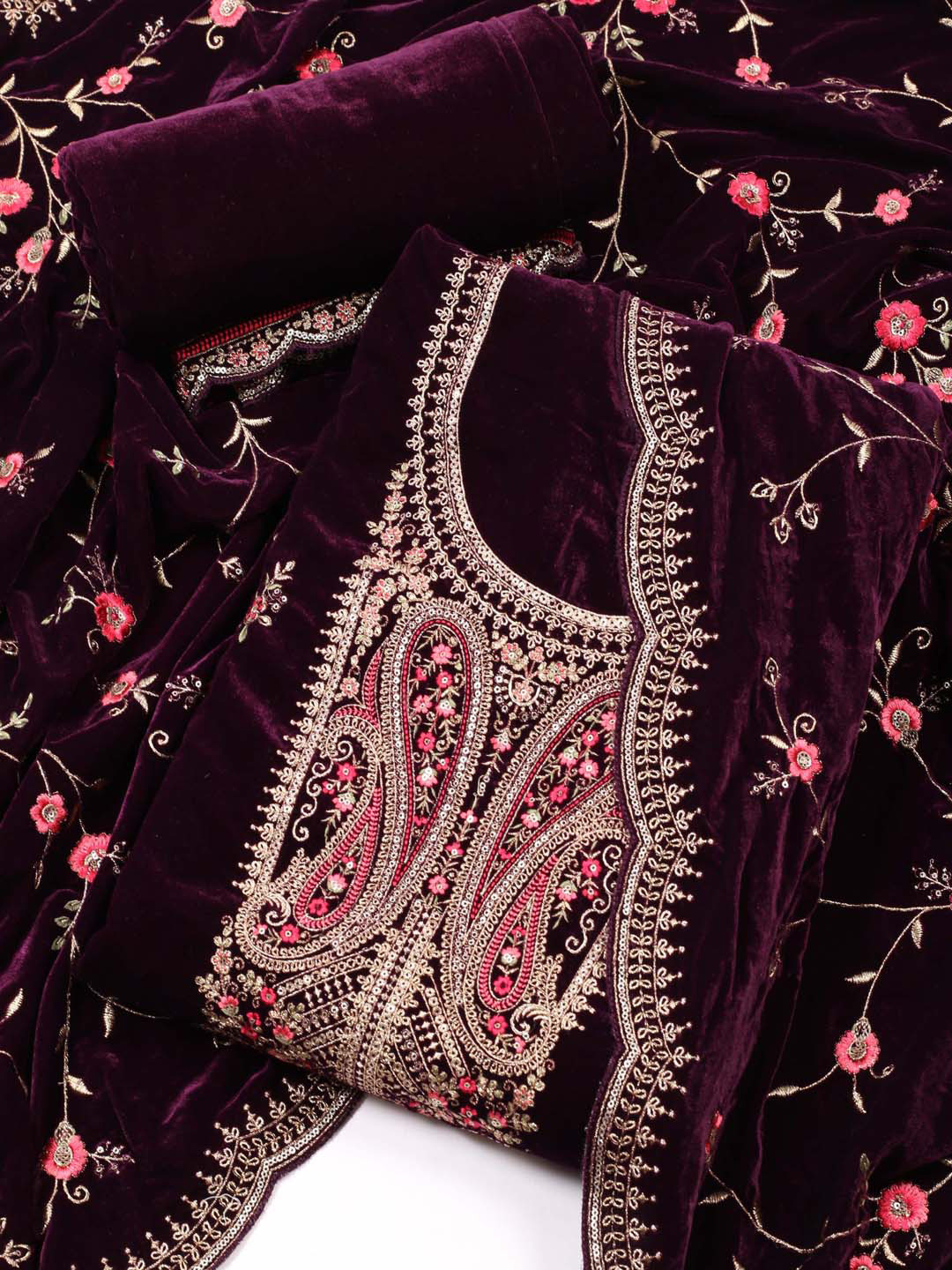 

Meena Bazaar Floral Embroidered Velvet Unstitched Dress Material, Burgundy