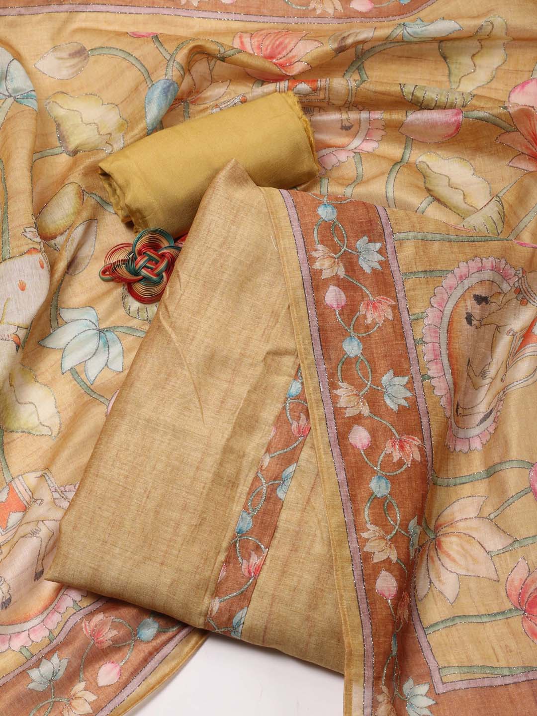 

Meena Bazaar Printed Art Silk Unstitched Dress Material, Mustard