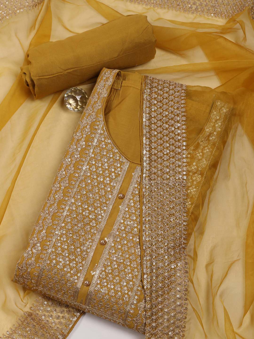 

Meena Bazaar Ethnic Motifs Embroidered Sequinned Art Silk Unstitched Dress Material, Mustard