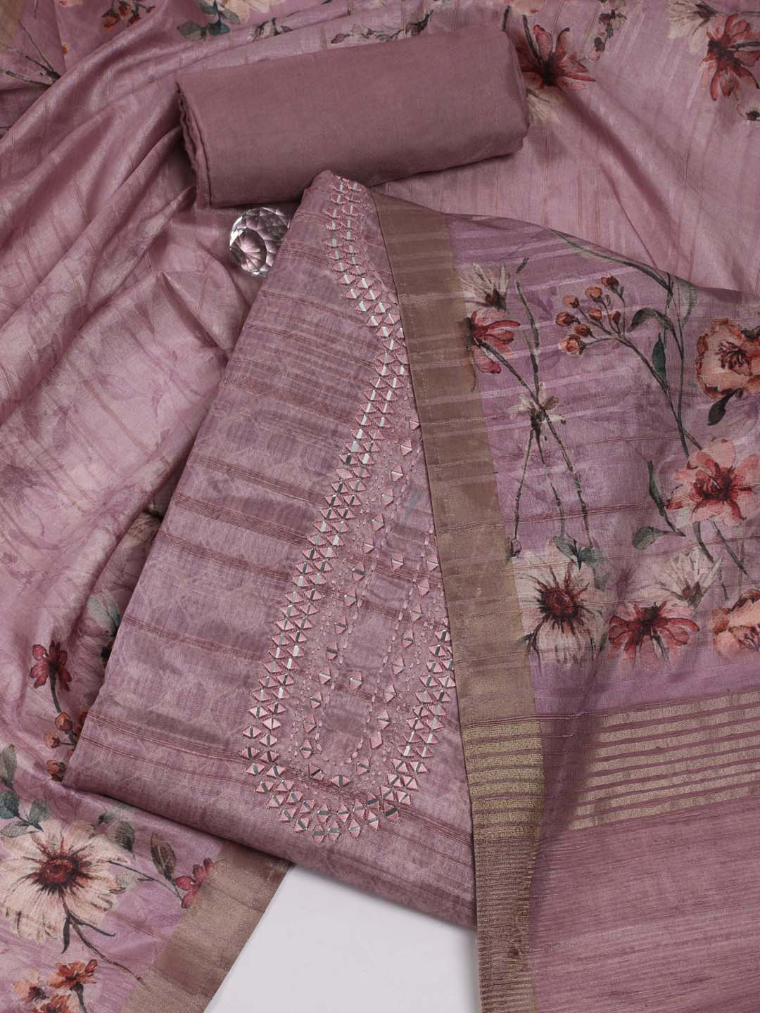 

Meena Bazaar Striped Mirror Work Detailed Unstitched Dress Material, Pink