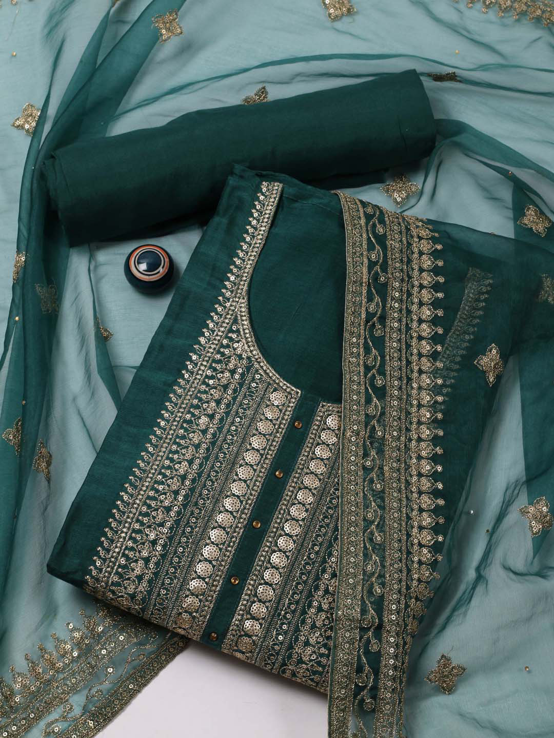

Meena Bazaar Ethnic Motifs Embroidered Sequinned Art Silk Unstitched Dress Material, Green