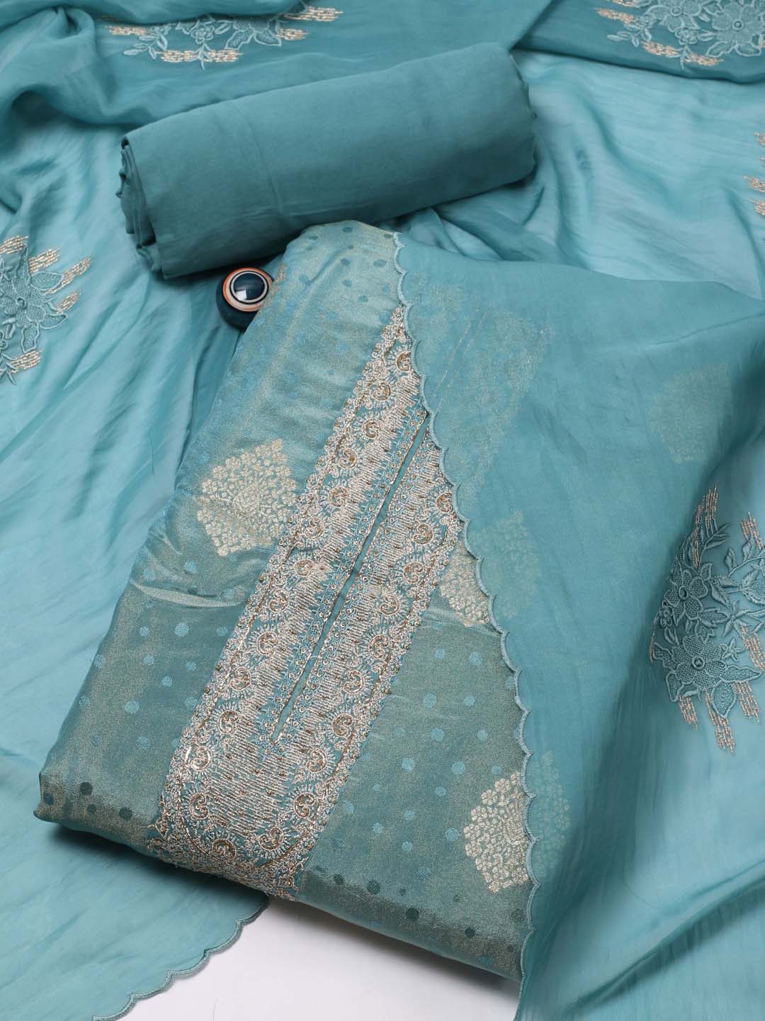 

Meena Bazaar Ethnic Motif Woven Design Zari Unstitched Dress Material, Blue