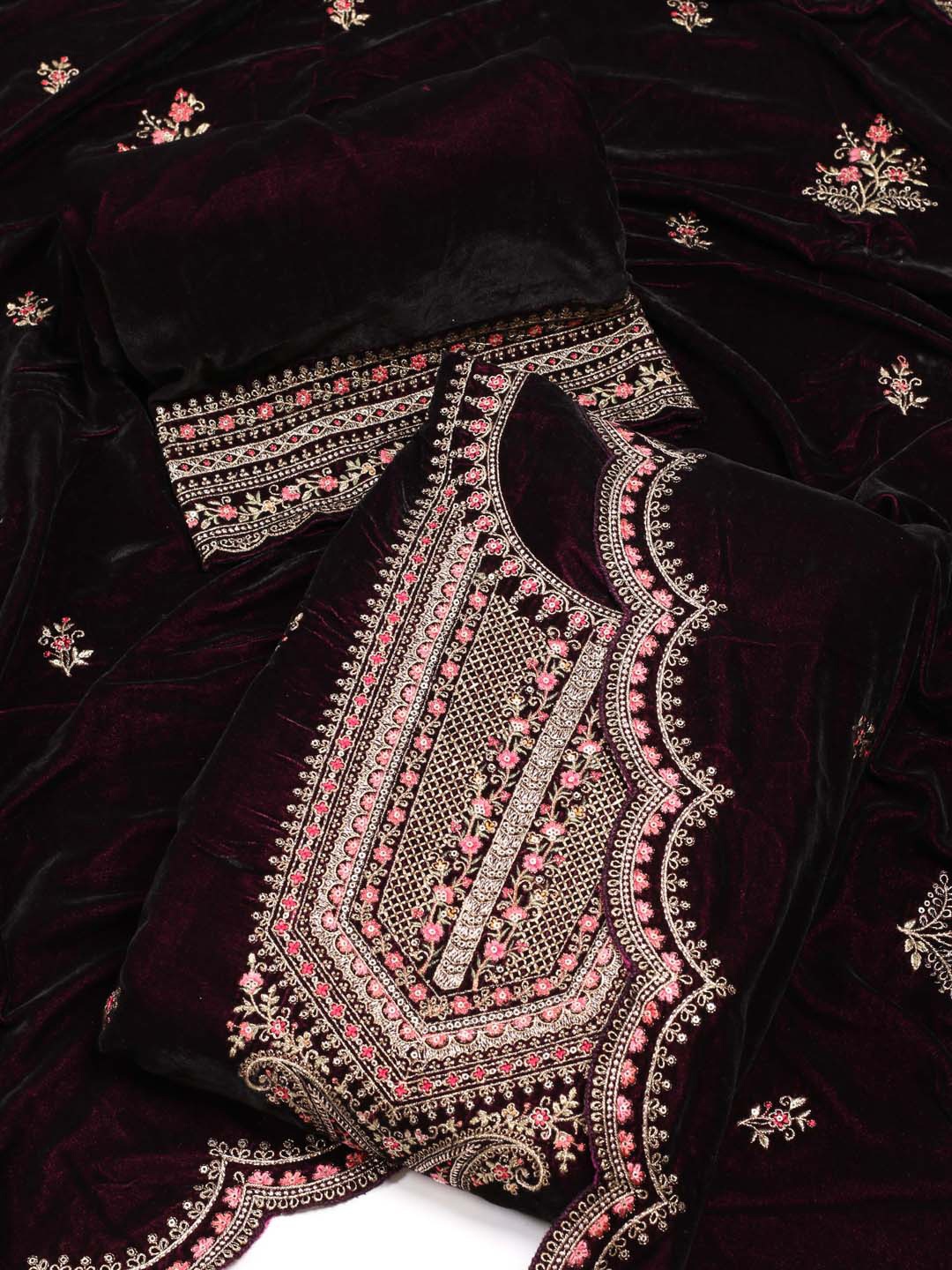 

Meena Bazaar Ethnic Motifs Embroidered Sequinned Velvet Unstitched Dress Material, Burgundy