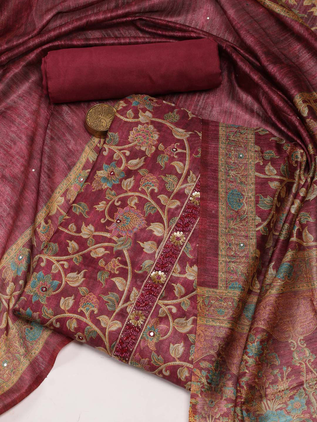 

Meena Bazaar Magenta & Beige Printed Linen Unstitched Dress Material