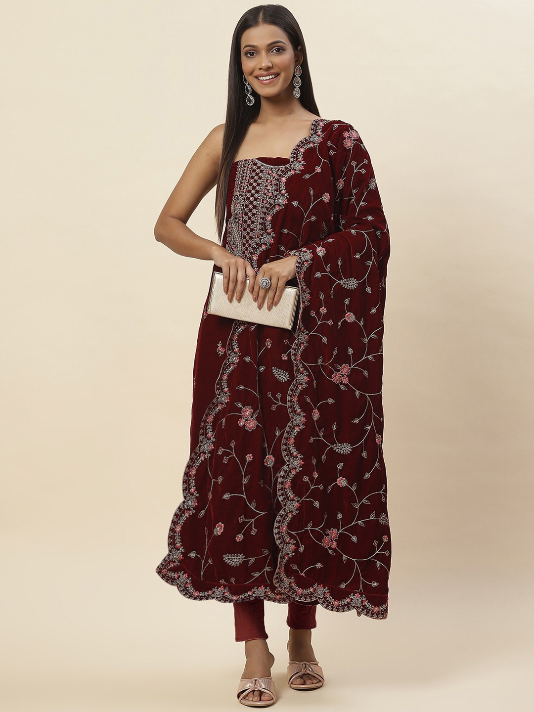 

Meena Bazaar Embroidered Velvet Unstitched Dress Material, Maroon