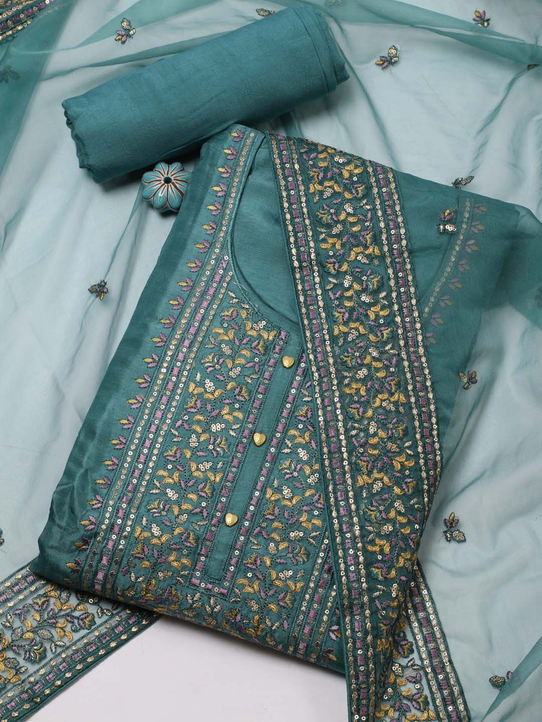 

Meena Bazaar Ethnic Motifs Embroidered Sequinned Detailed Unstitched Dress Material, Teal