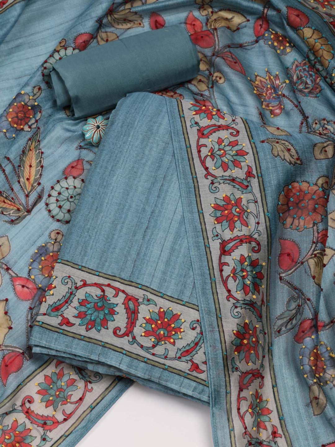 

Meena Bazaar Printed Art Silk Unstitched Dress Material, Blue