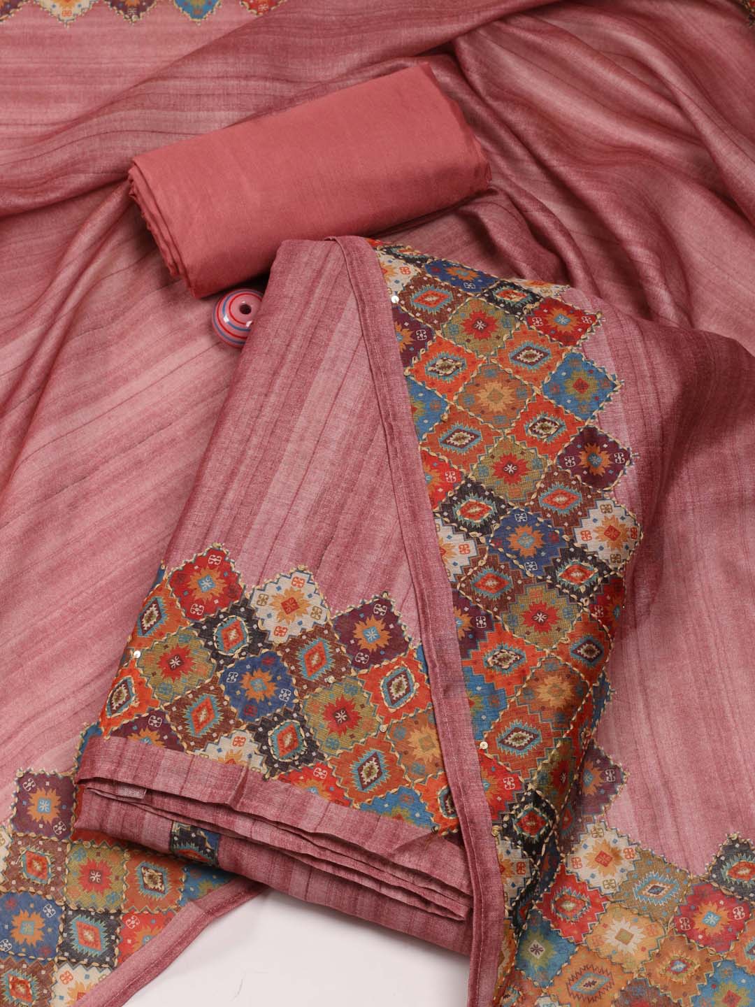 

Meena Bazaar Ethnic Motif Printed Unstitched Dress Material, Pink