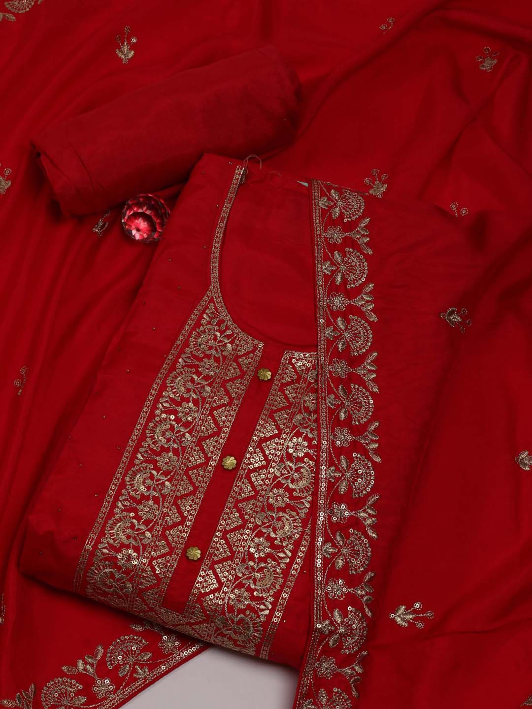 

Meena Bazaar Embroidered Art Silk Unstitched Dress Material, Red