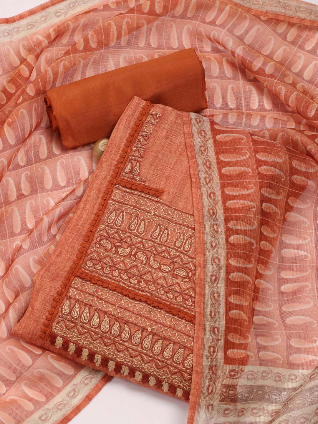 

Meena Bazaar Ethnic Motifs Embroidered Linen Unstitched Dress Material, Peach