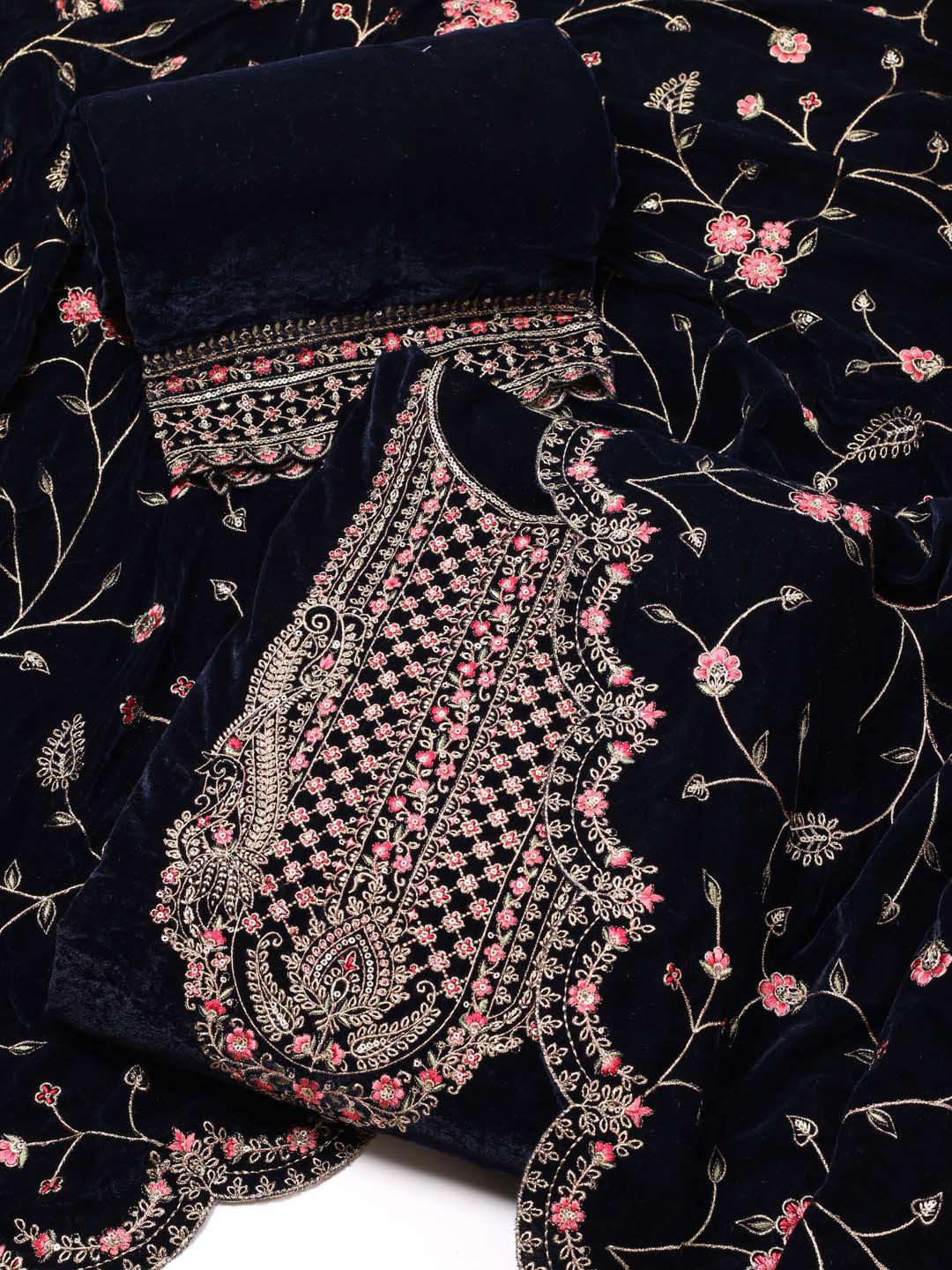 

Meena Bazaar Floral Embroidered Velvet Unstitched Dress Material, Navy blue