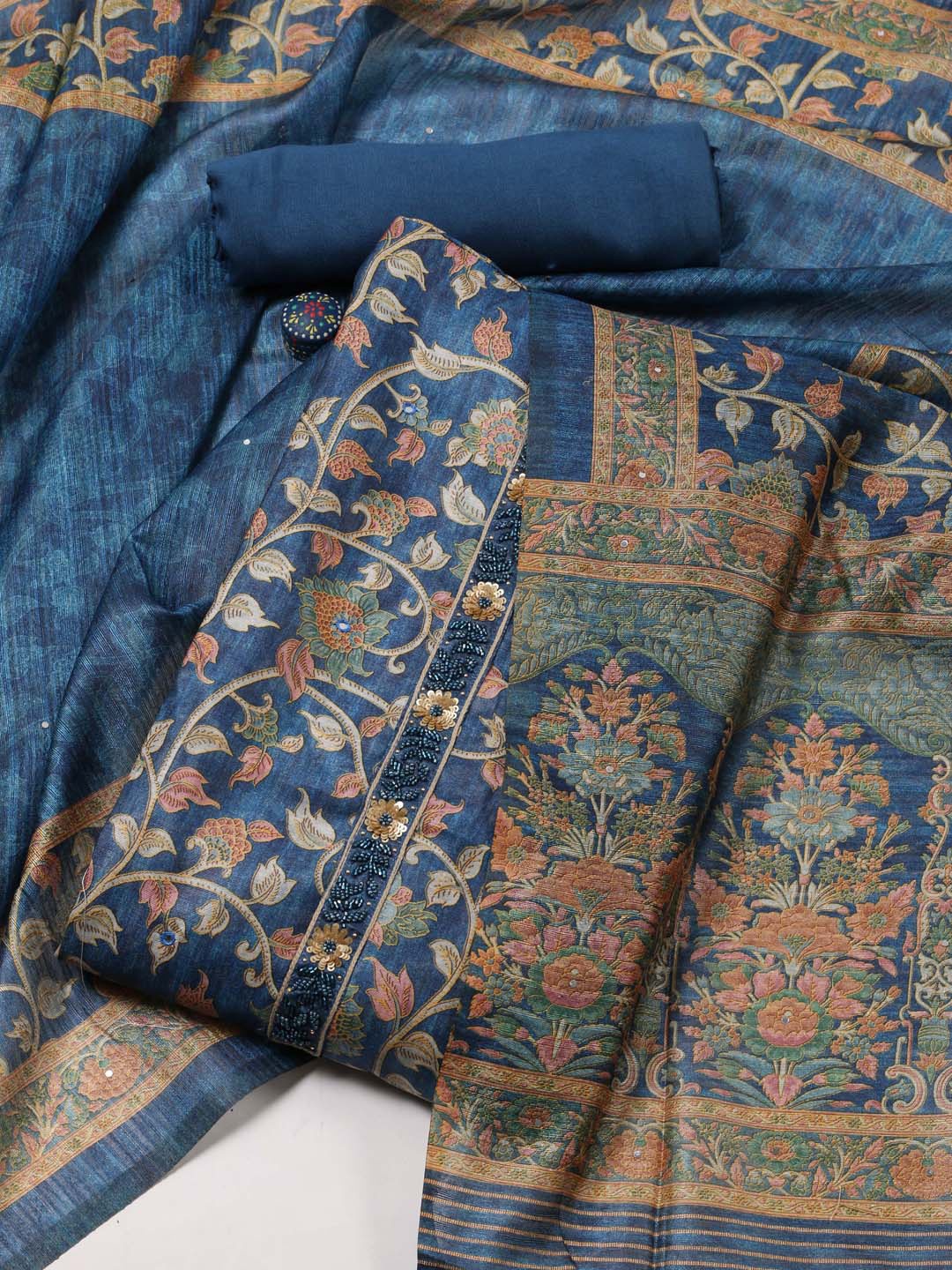 

Meena Bazaar Floral Printed Linen Unstitched Dress Material, Blue