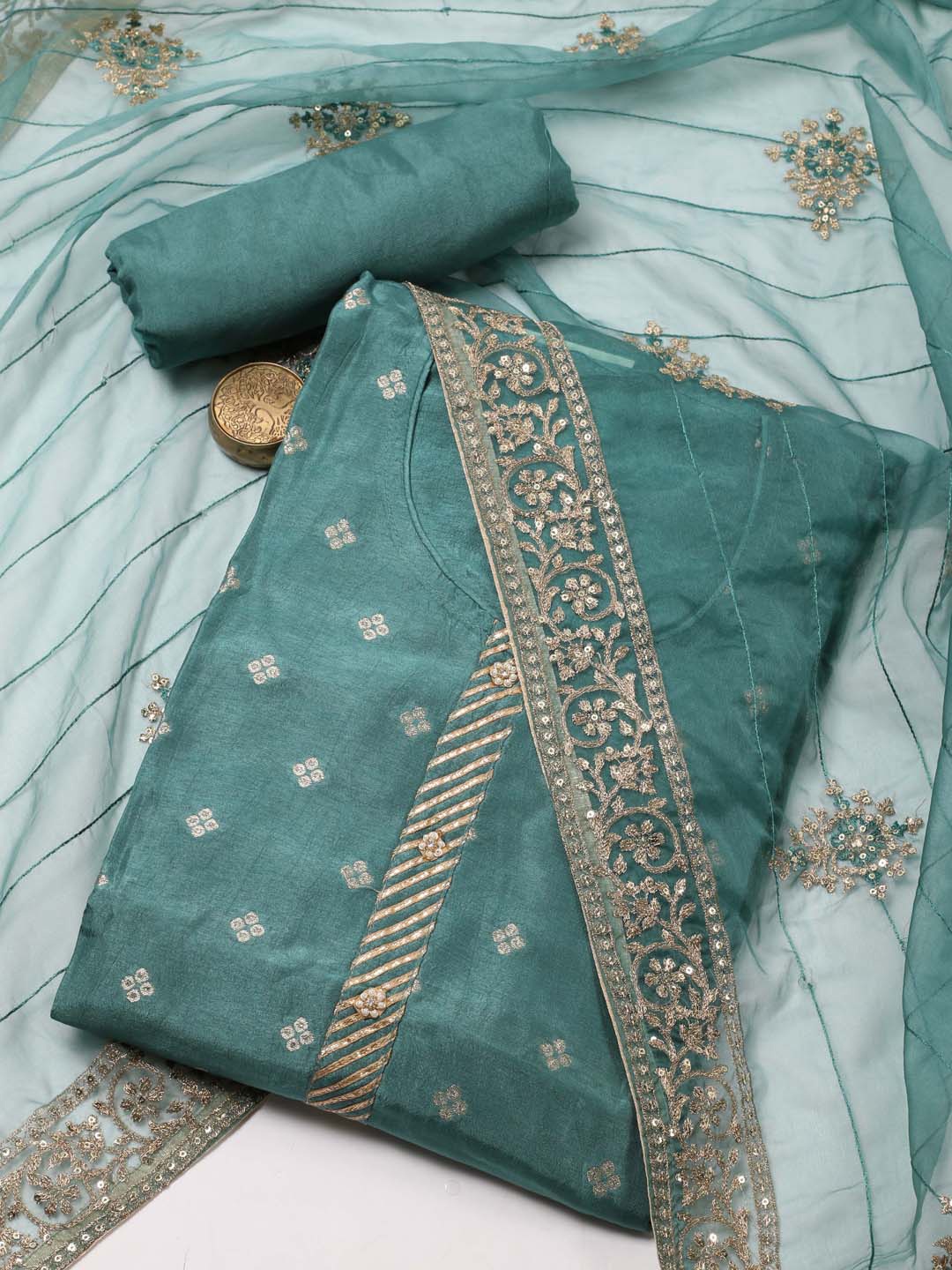

Meena Bazaar Ethnic Motifs Woven Design Sequinned Art Silk Unstitched Dress Material, Sea green