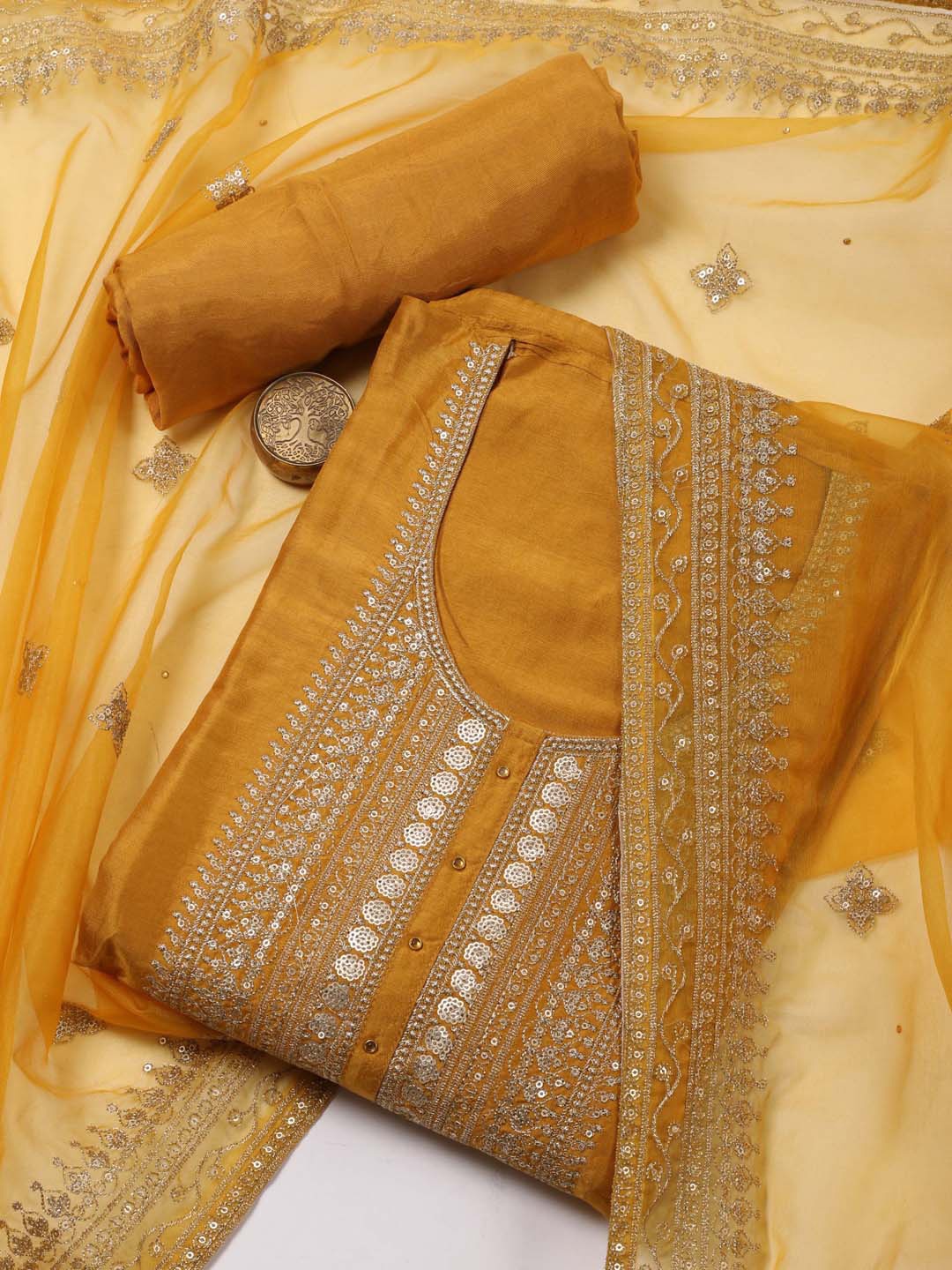 

Meena Bazaar Embroidered Art Silk Unstitched Dress Material, Mustard